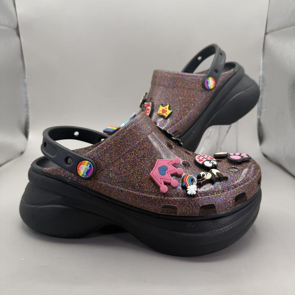 Crocs Bae Pride Glitter Platform Clog Shoes Womens Size 7 Multi Jibbitz Charms